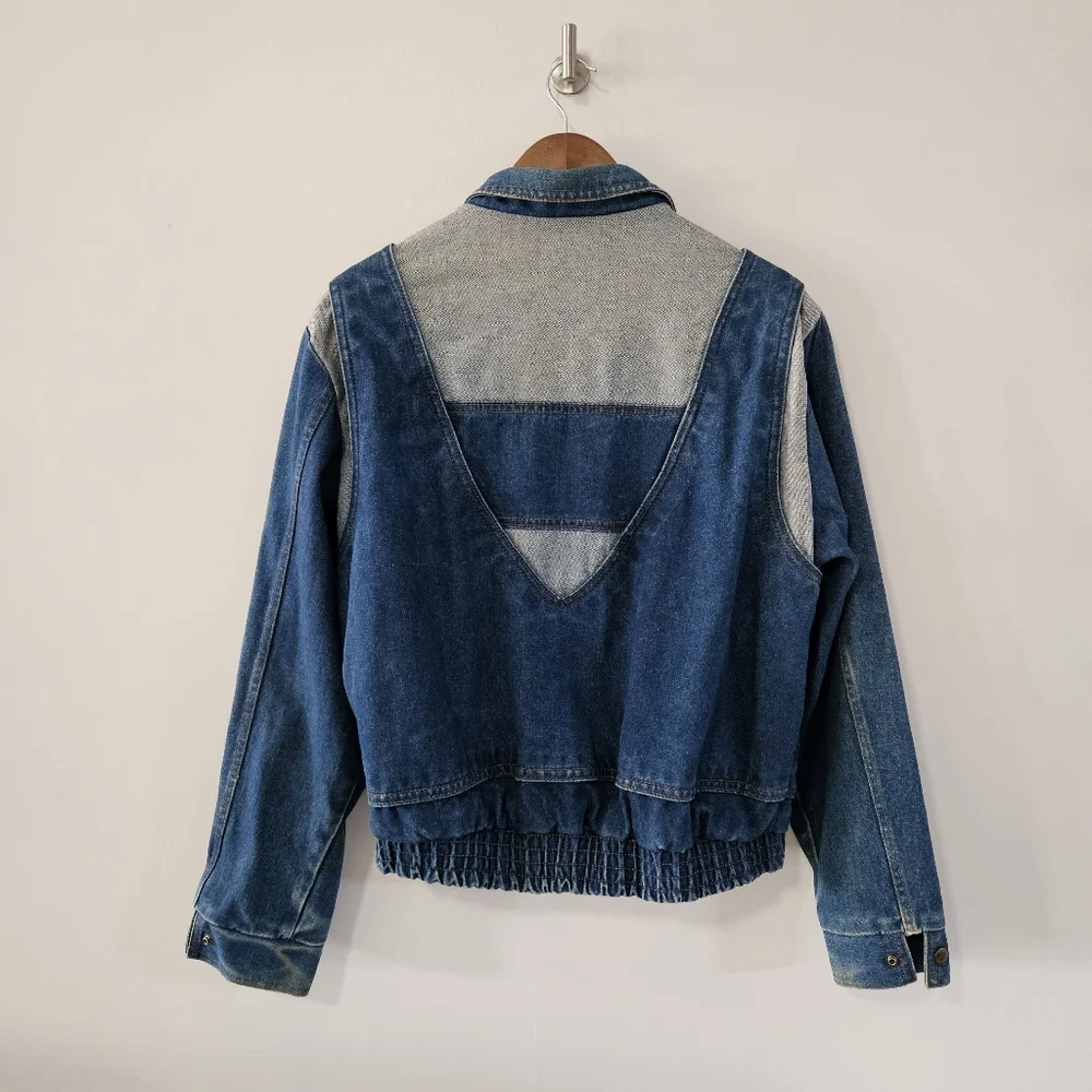 Vintage 80's 90's Denim Patchwork Distressed Bomber Jacket Large - Picture 3 of 11